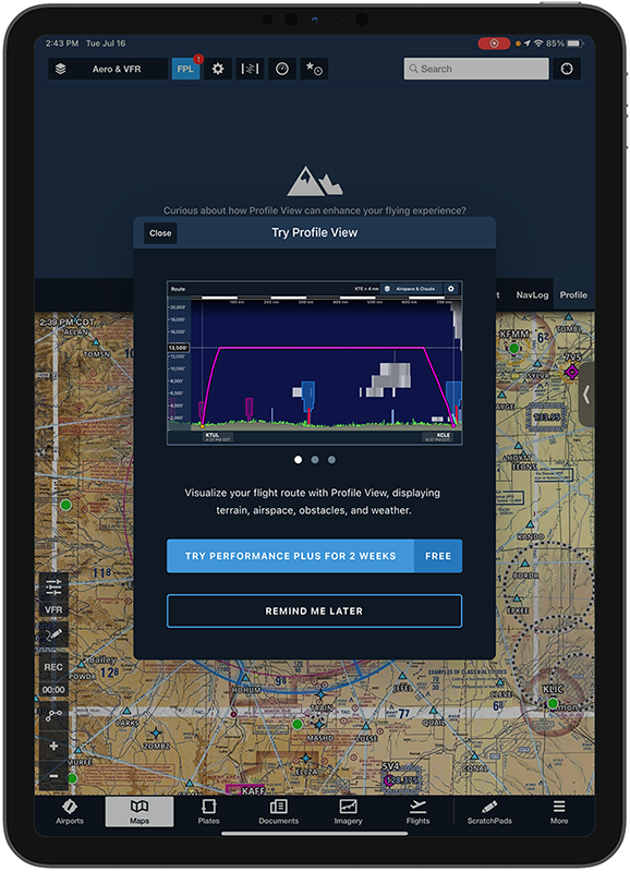 ForeFlight Mobile. Contextual upgrade modal